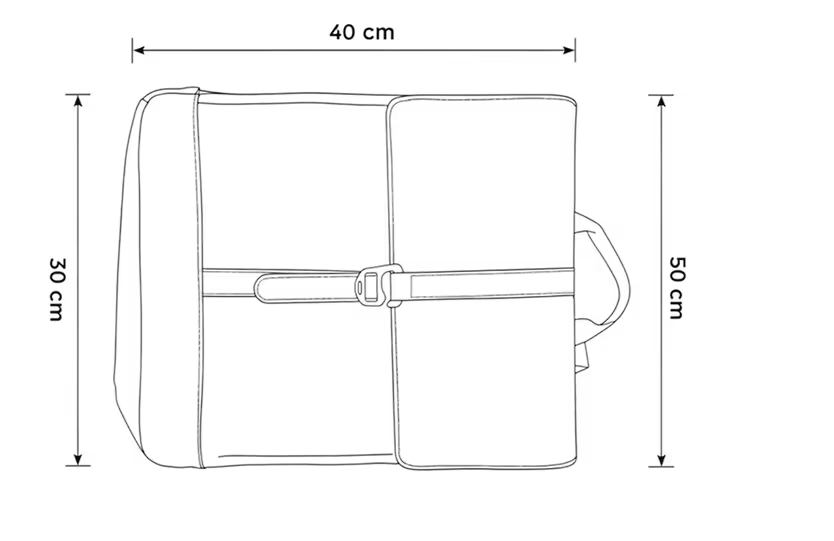 Schéma en vue de dessus d'un sac avec des dimensions indiquant 40 cm de largeur, 30 cm de profondeur et 50 cm de hauteur, avec une poignée et une sangle centrale.