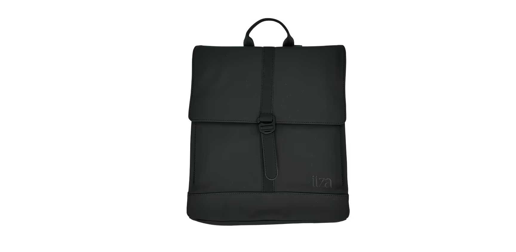 Sac à dos noir avec fermeture à boucle centrale et poignée supérieure.